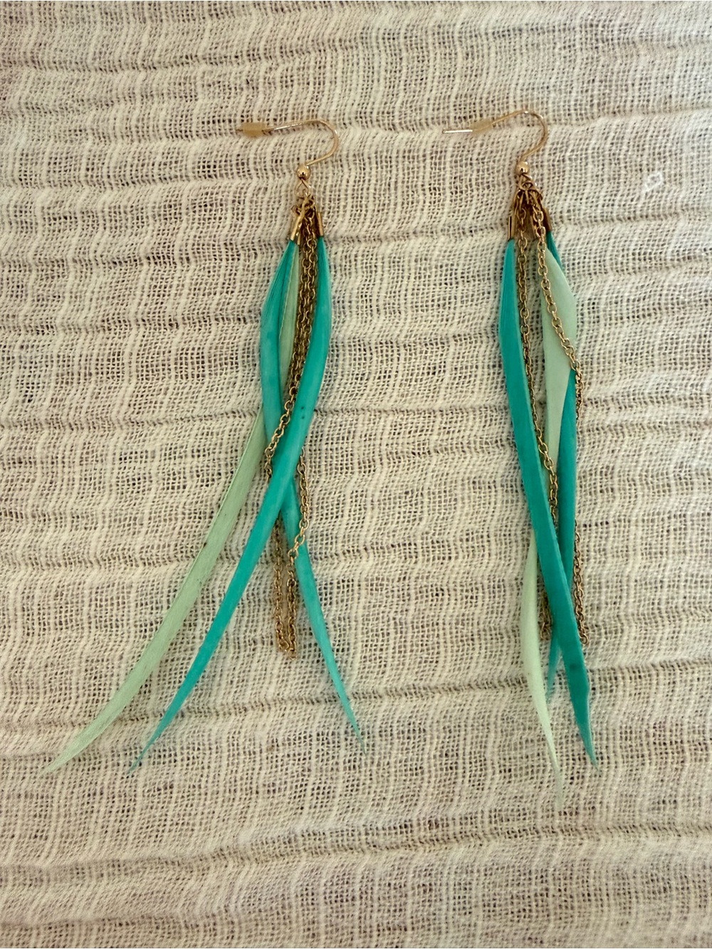 Teal & Mint Feather Chain Dangle Earrings